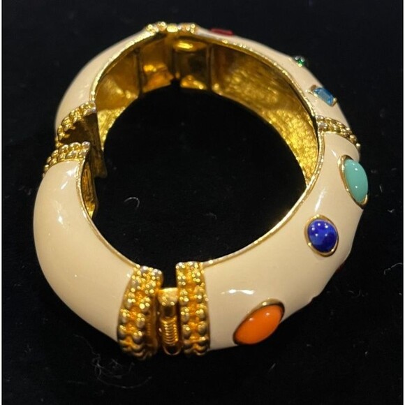 Signed KJL  Kenneth Jay Lane Ivory White Enamel MultiGem Cabochon Bangle Book Pc - Picture 7 of 11